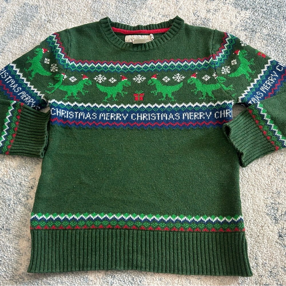 H&M Festive Green Sweater with Dinosaur Pattern